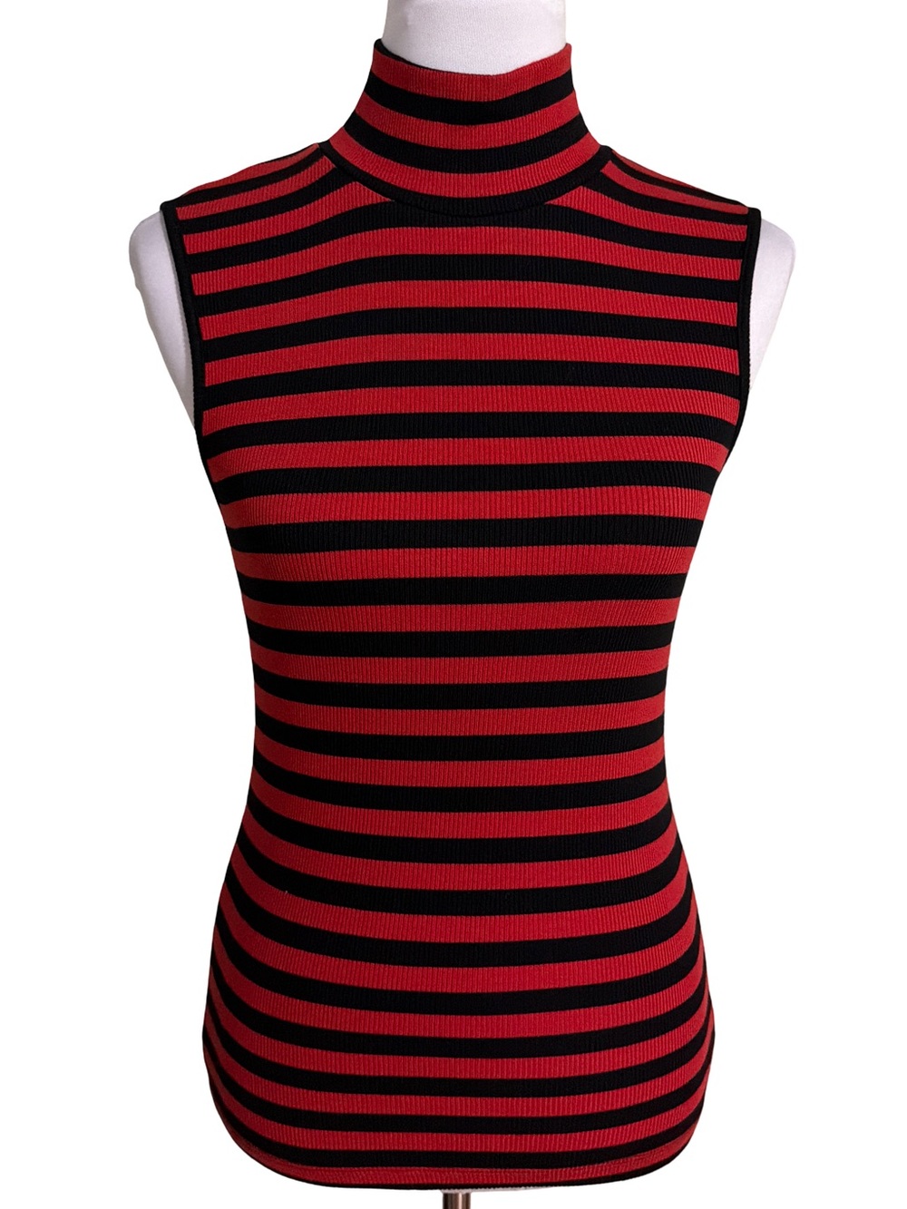 Evereve Red Black Striped Sleeveless Mock Neck Top